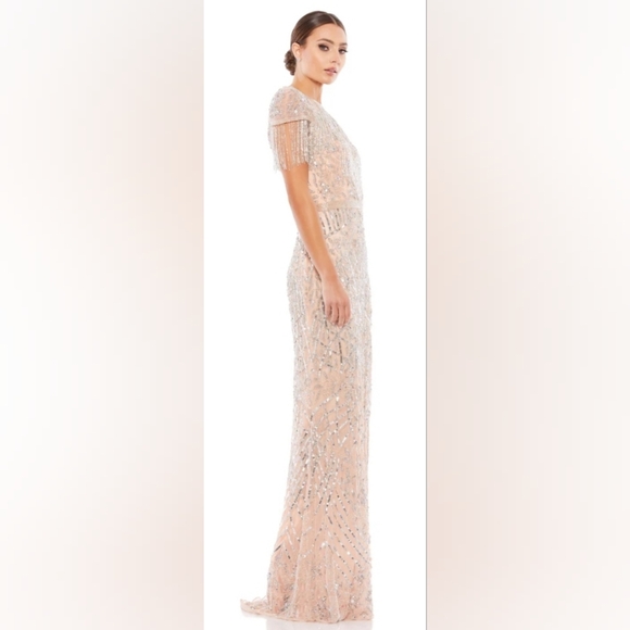 MAC DUGGAL EMBELLISHED FRINGE CAP SLEEVE TRUMPET GOWN PLATINUM PINK 12 NWT - Picture 5 of 16